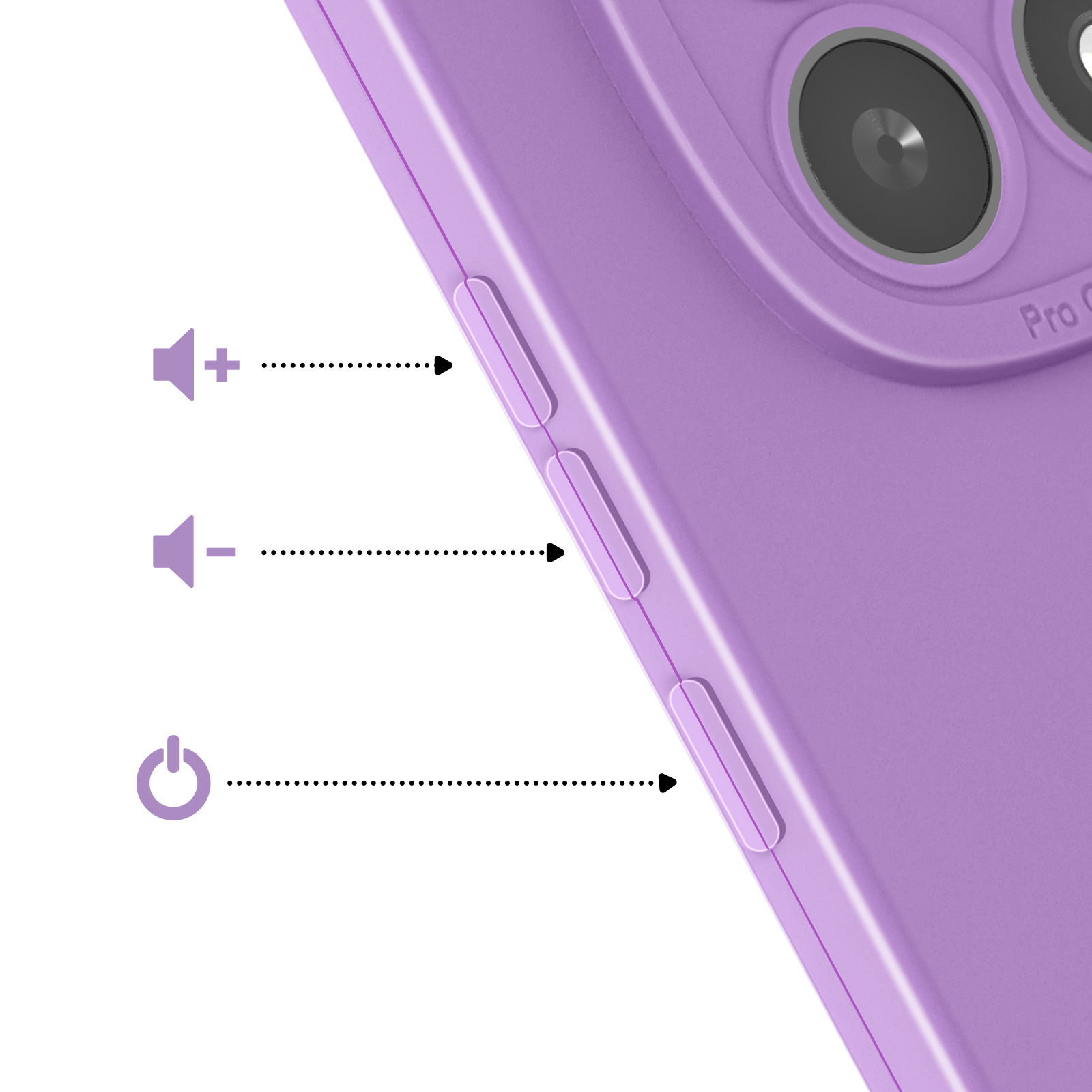 Paarse telefoonhoes met volume- en aan/uit-knoppen, close-up.