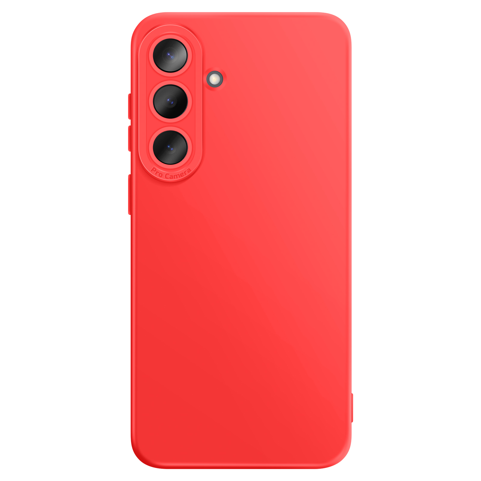 Coque de téléphone rouge avec trois objectifs et un flash. Sur fond blanc.