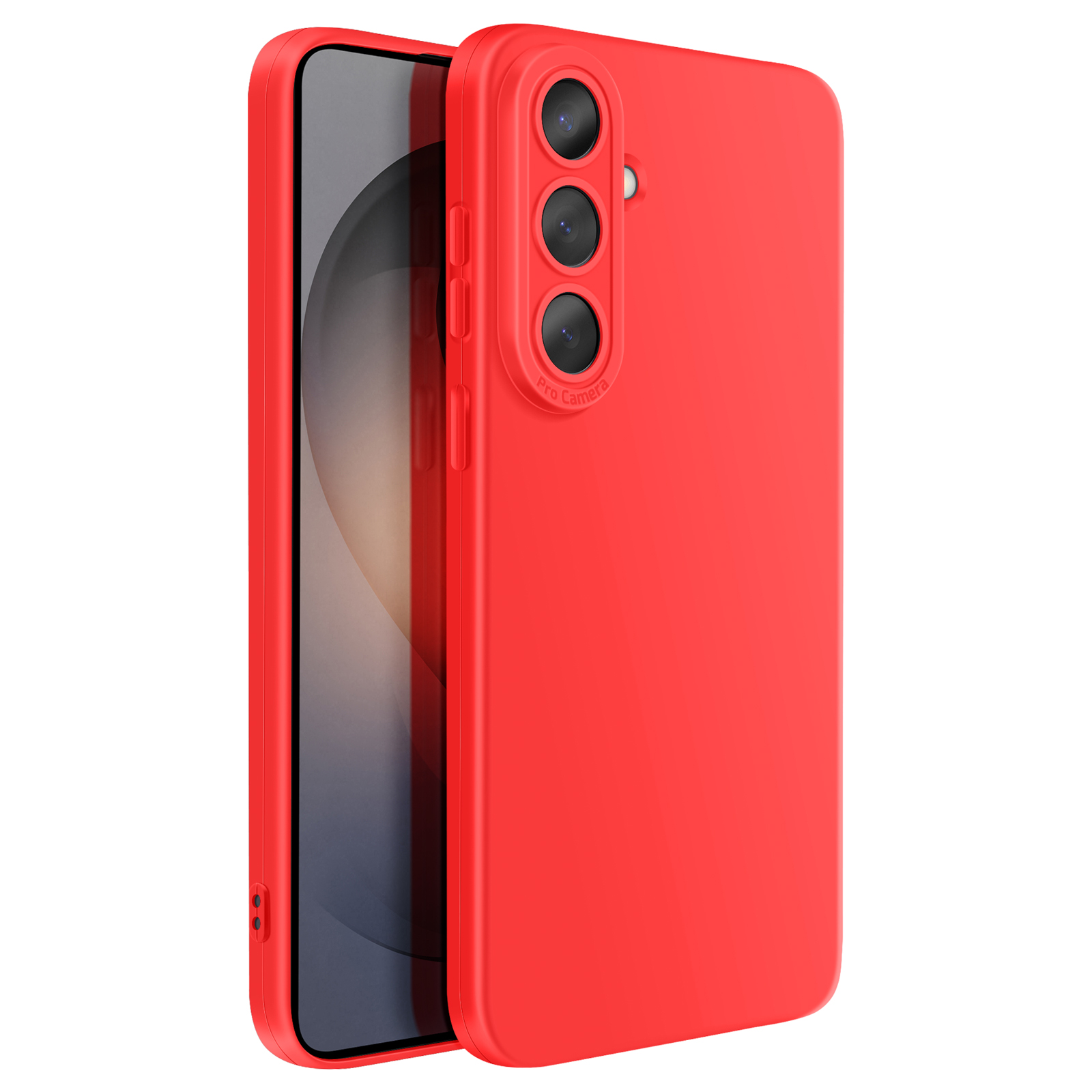 Un téléphone rouge avec triple appareil photo et étui détachable.