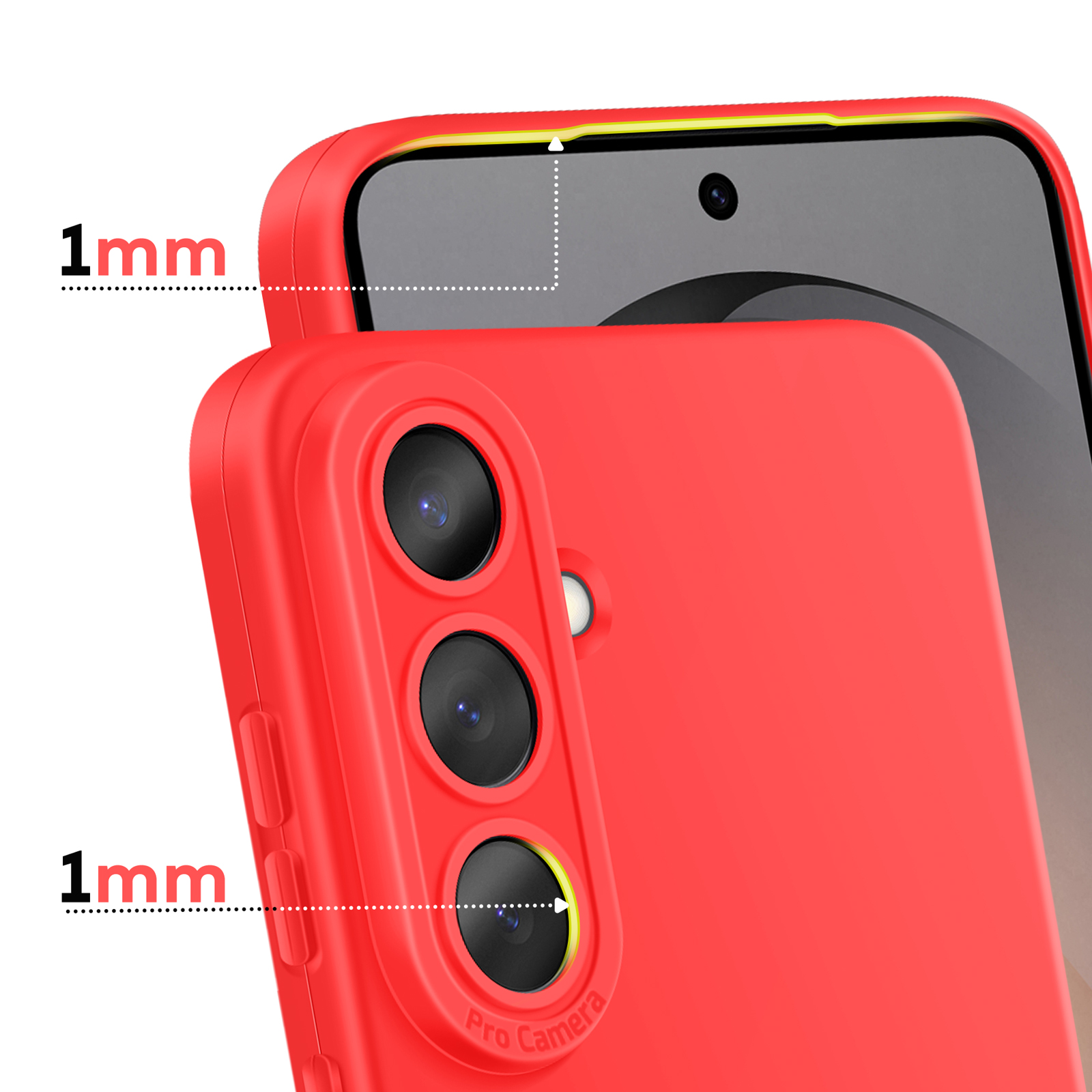 Coque rouge avec protection caméra et bord d'écran de 1mm.