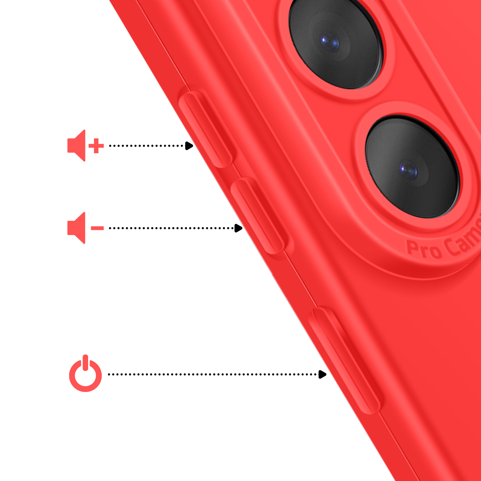 Coque de téléphone rouge avec boutons volume, alimentation et module caméra.