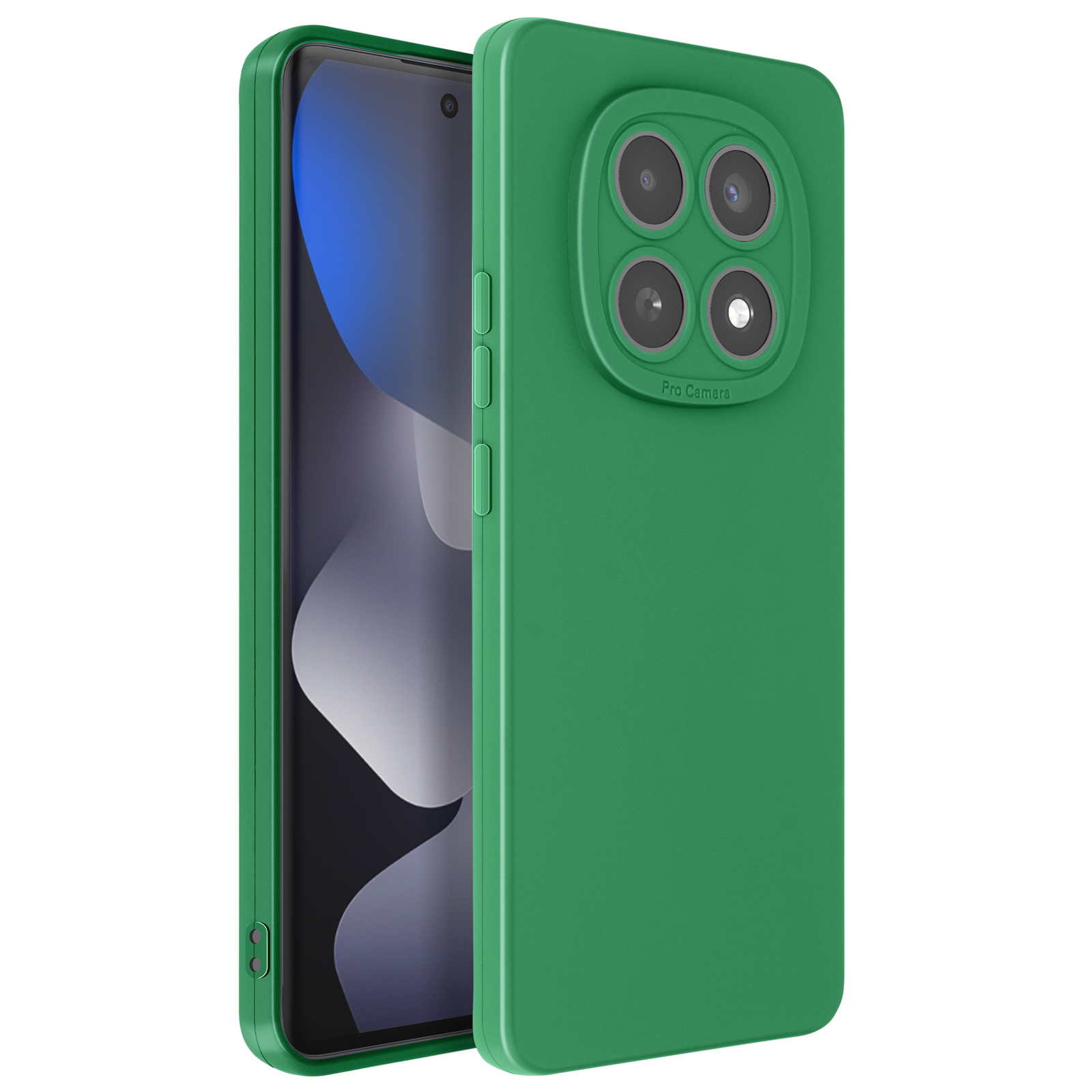 Groene telefoonhoes met vier cameralenzen en 'Pro Camera'-tekst.