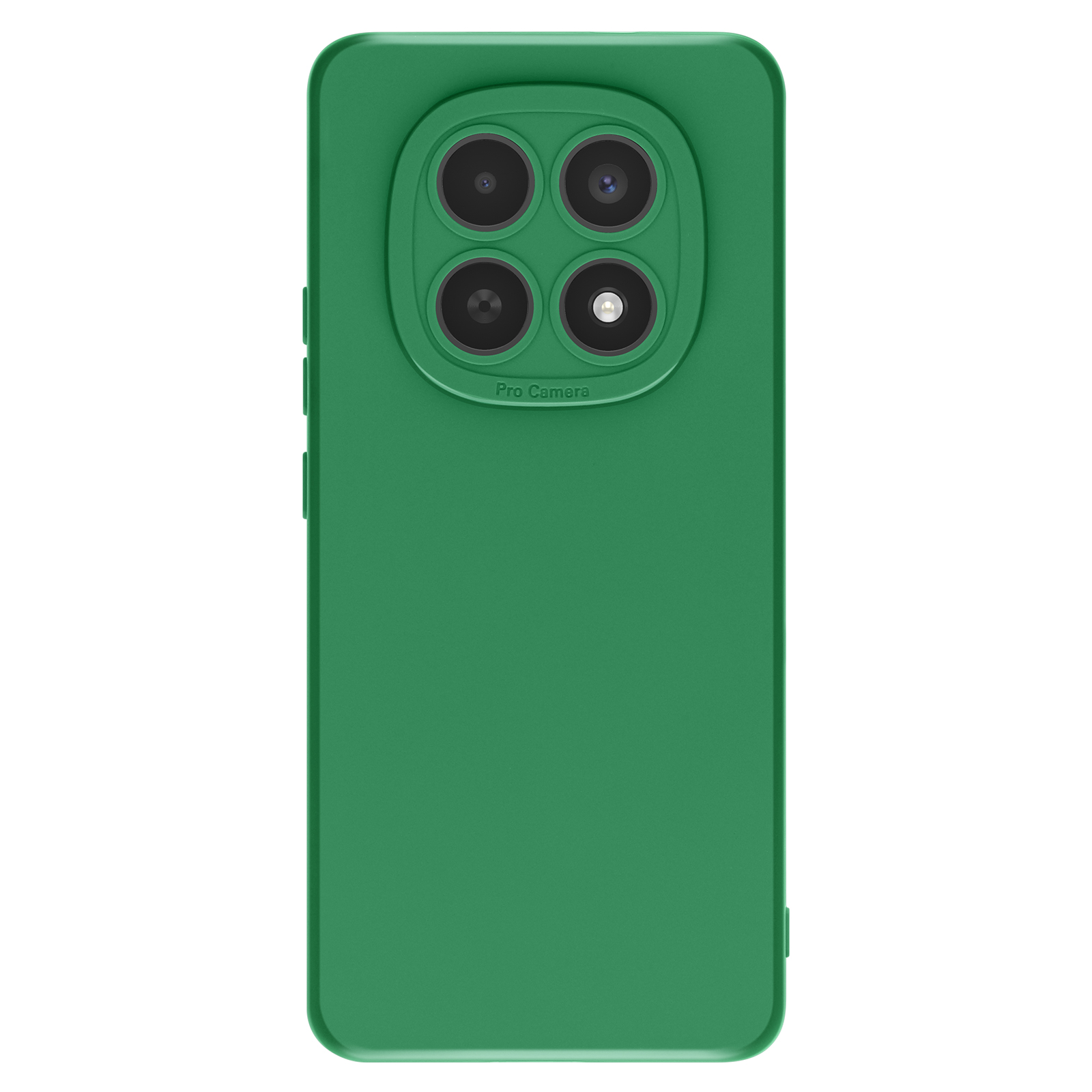 Groene telefoonhoes met quad camera en flitser. Witte achtergrond.
