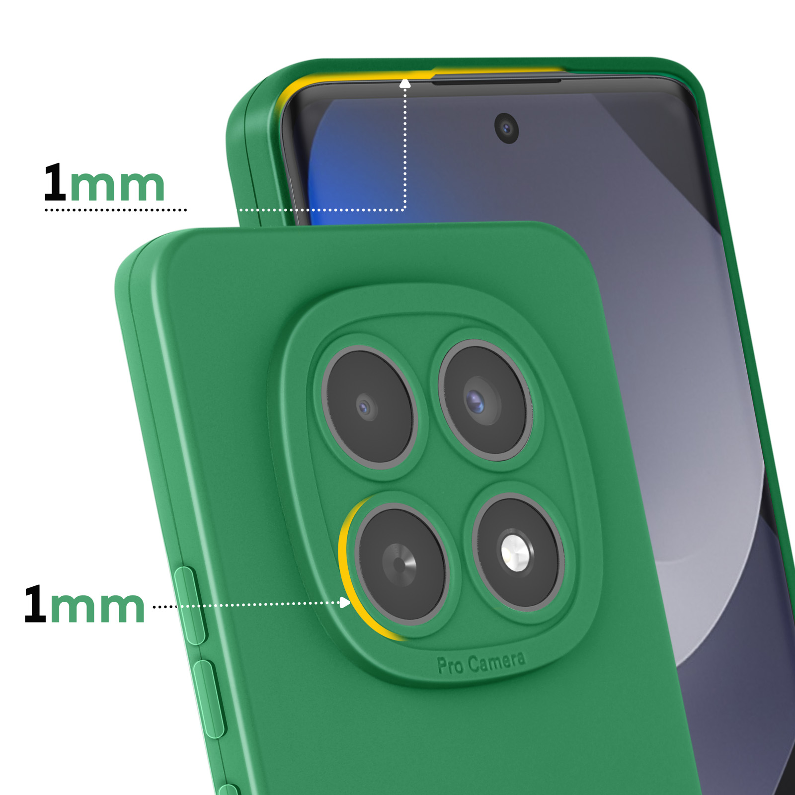 Groene telefoonhoes met 1mm verhoogde rand rond de quad Pro Camera lenzen.