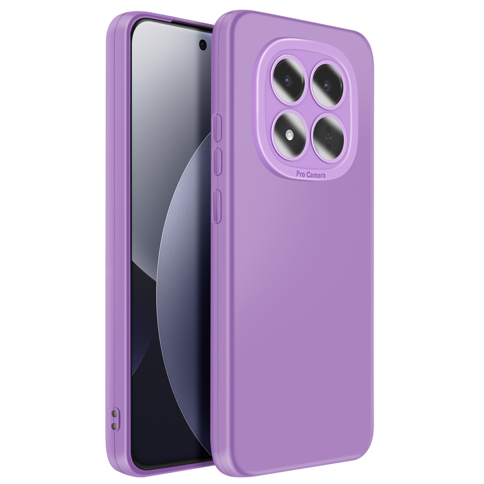 Coque de téléphone violette avec quatre objectifs et inscription 'Pro Camera'.
