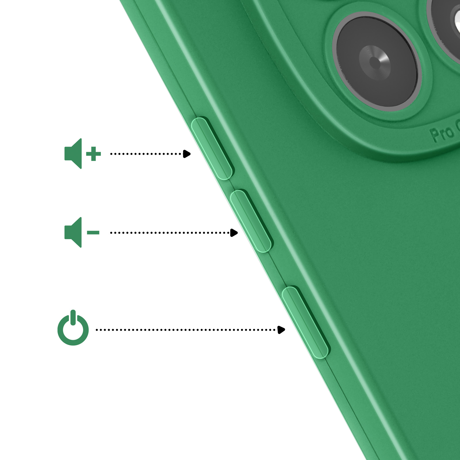 Groene telefoonhoes met volume- en aan/uit-knoppen, cameralenzen.