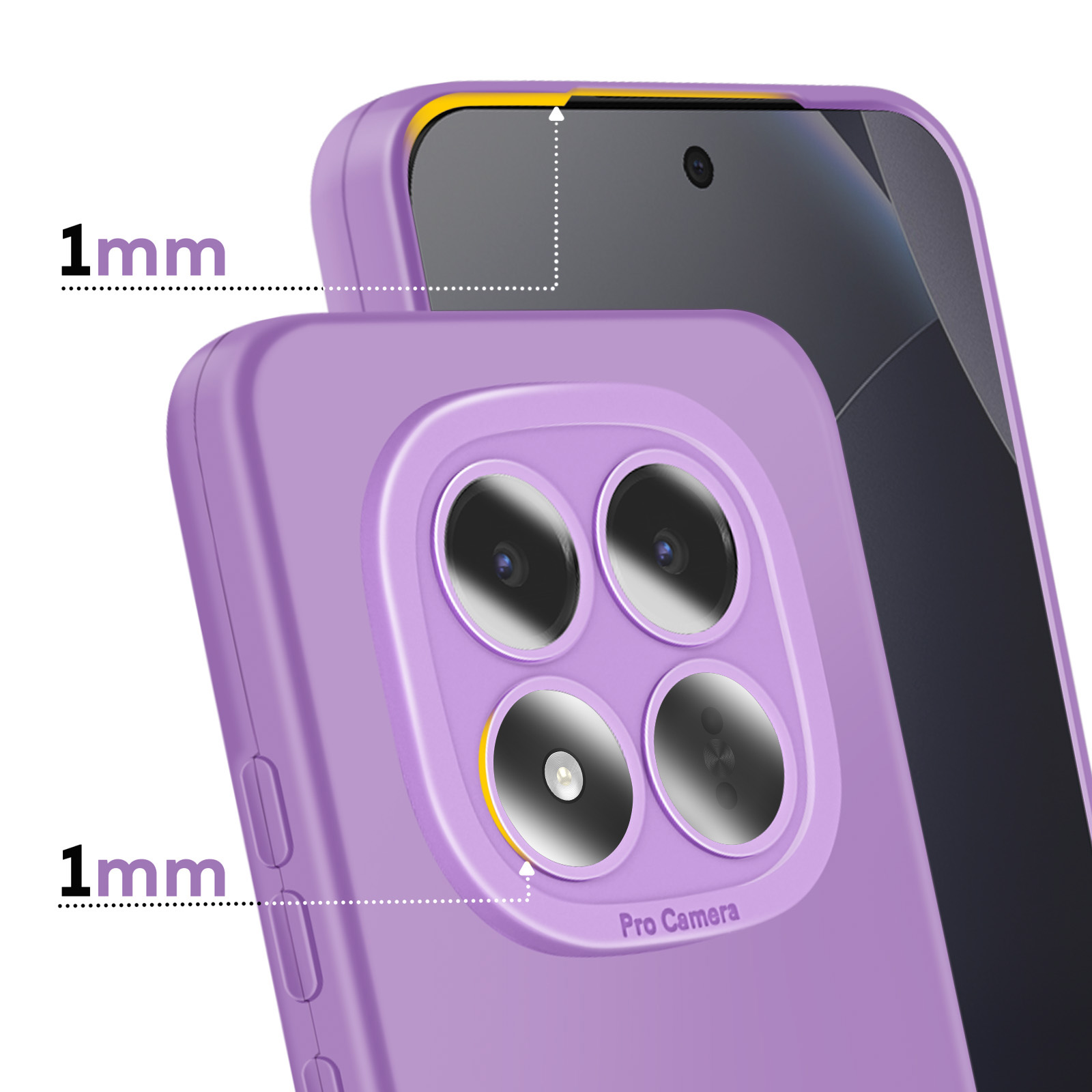 Coque de téléphone violette avec bord surélevé de 1mm, détail caméra.