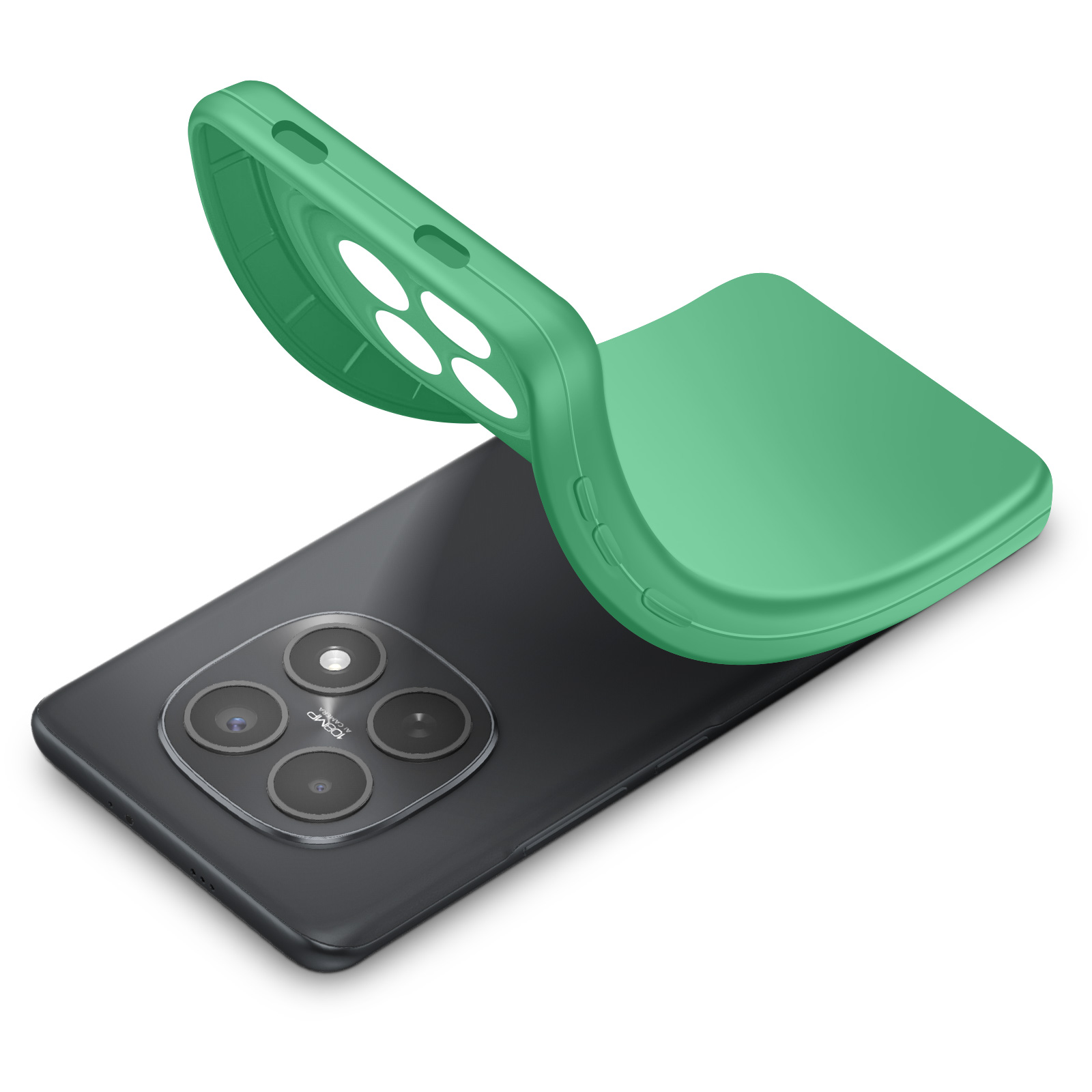 Groene telefoonhoes over een zwarte smartphone met vier camera's.