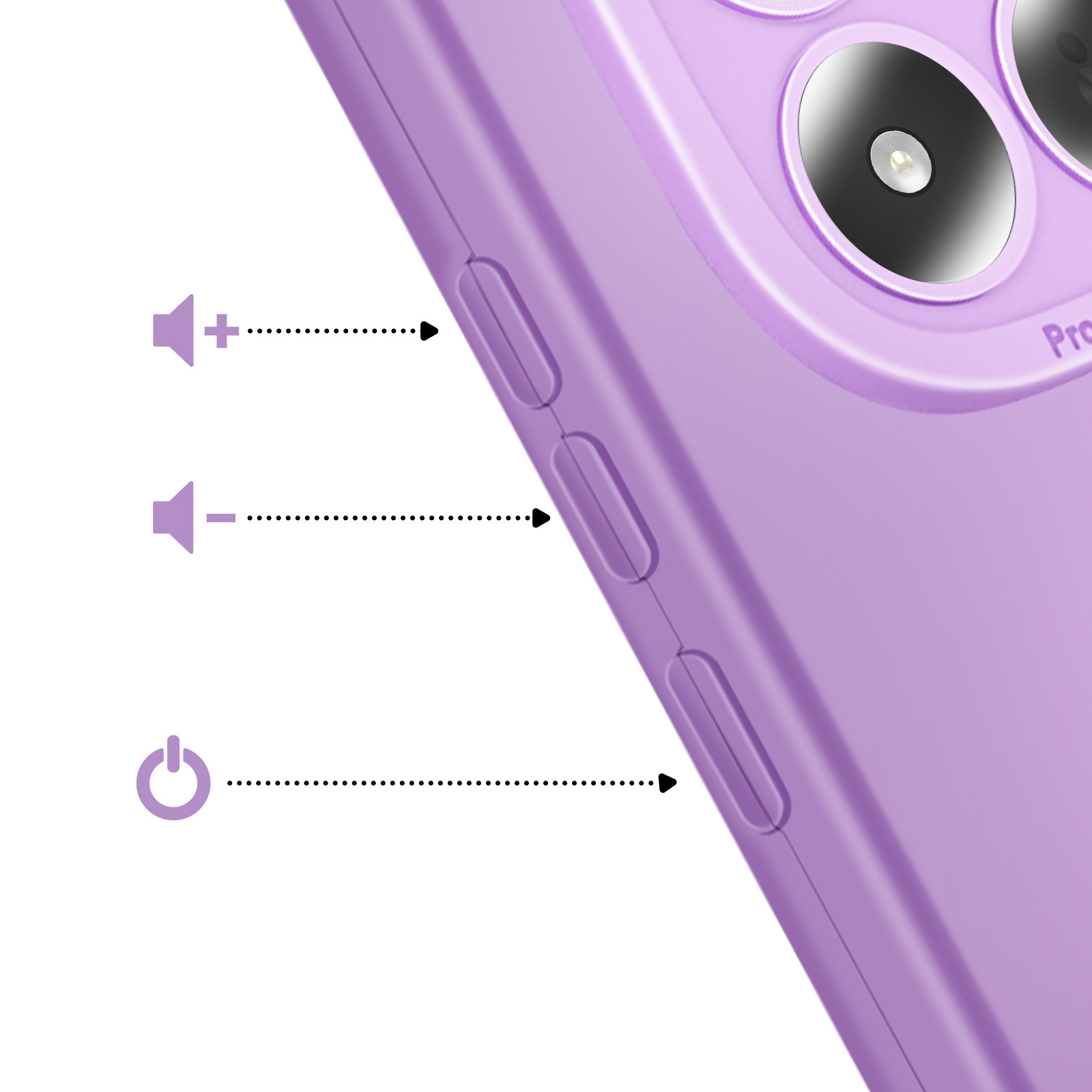 Coque de téléphone violette avec boutons volume et marche/arrêt. Icônes volume +/- et marche.