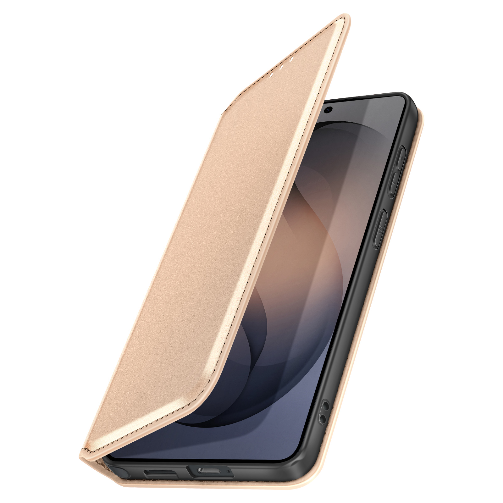 Una custodia a libro marrone chiaro su uno smartphone. La custodia è parzialmente aperta.