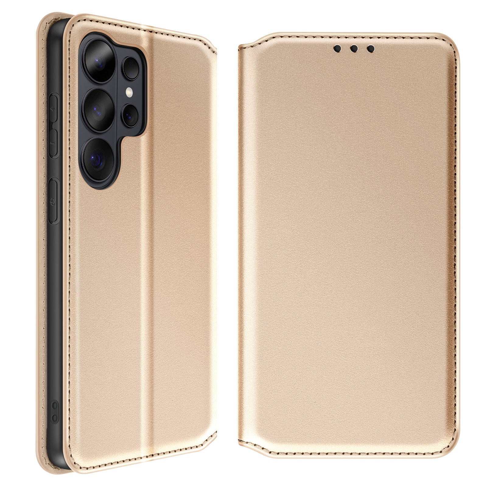 Custodia dorata per telefono con tre obiettivi e pulsanti laterali. Vista aperta.