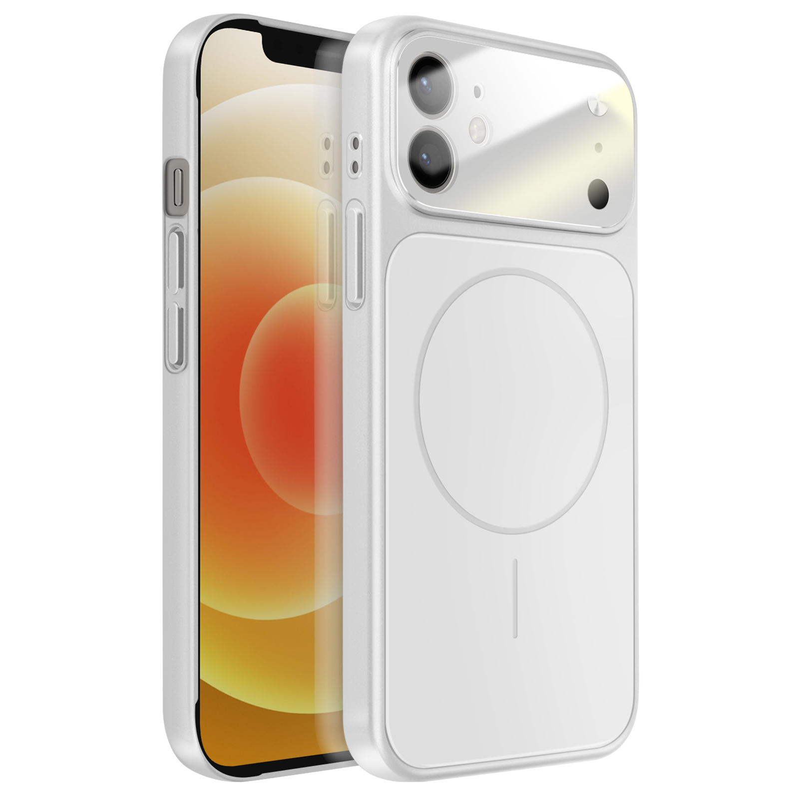 Een witte iPhone met MagSafe hoes, camera-array en cirkelvormig patroon.