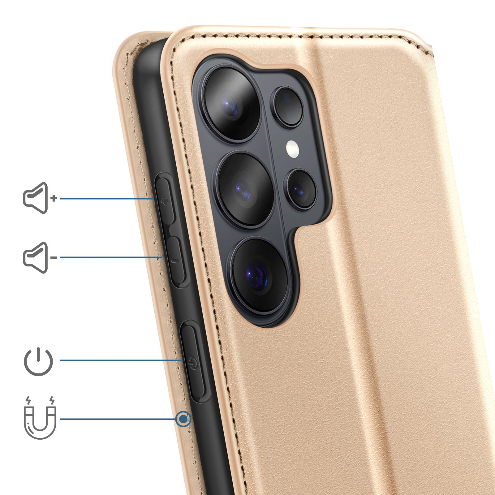Una custodia dorata per telefono con ritaglio fotocamera e pulsanti laterali, che mostra icone per volume, accensione e magnete.
