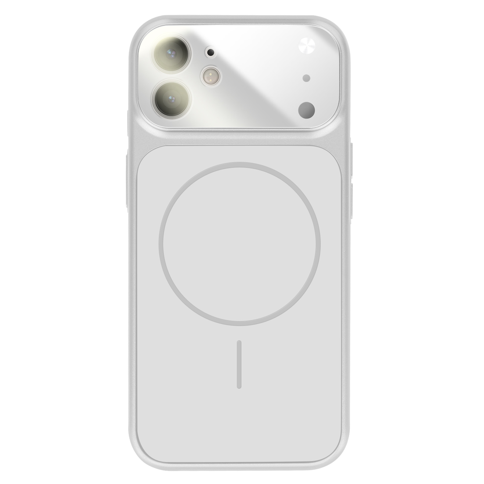 Een slanke, witte telefoon met cameramodule bovenaan en een cirkel op de achterkant.