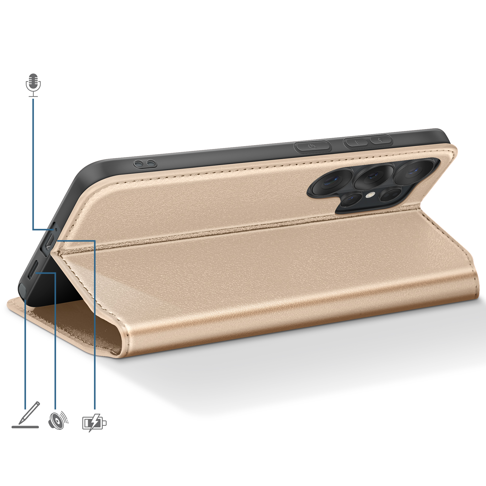 Una custodia dorata per telefono con ritaglio fotocamera e pulsanti laterali.
