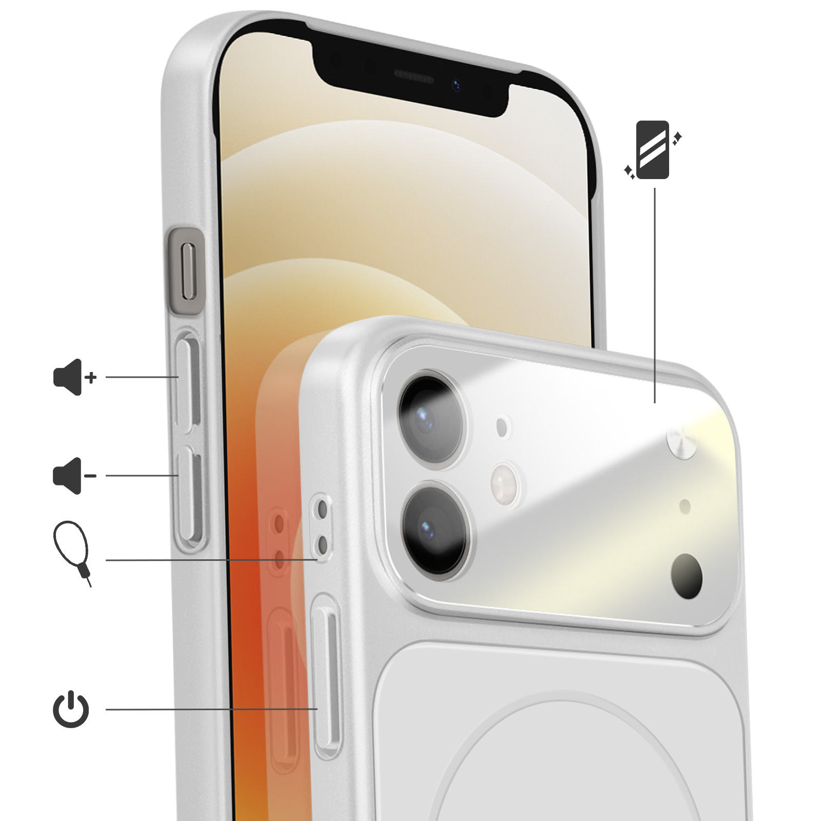 Een witte smartphone met cameramodule en zijknopjes.