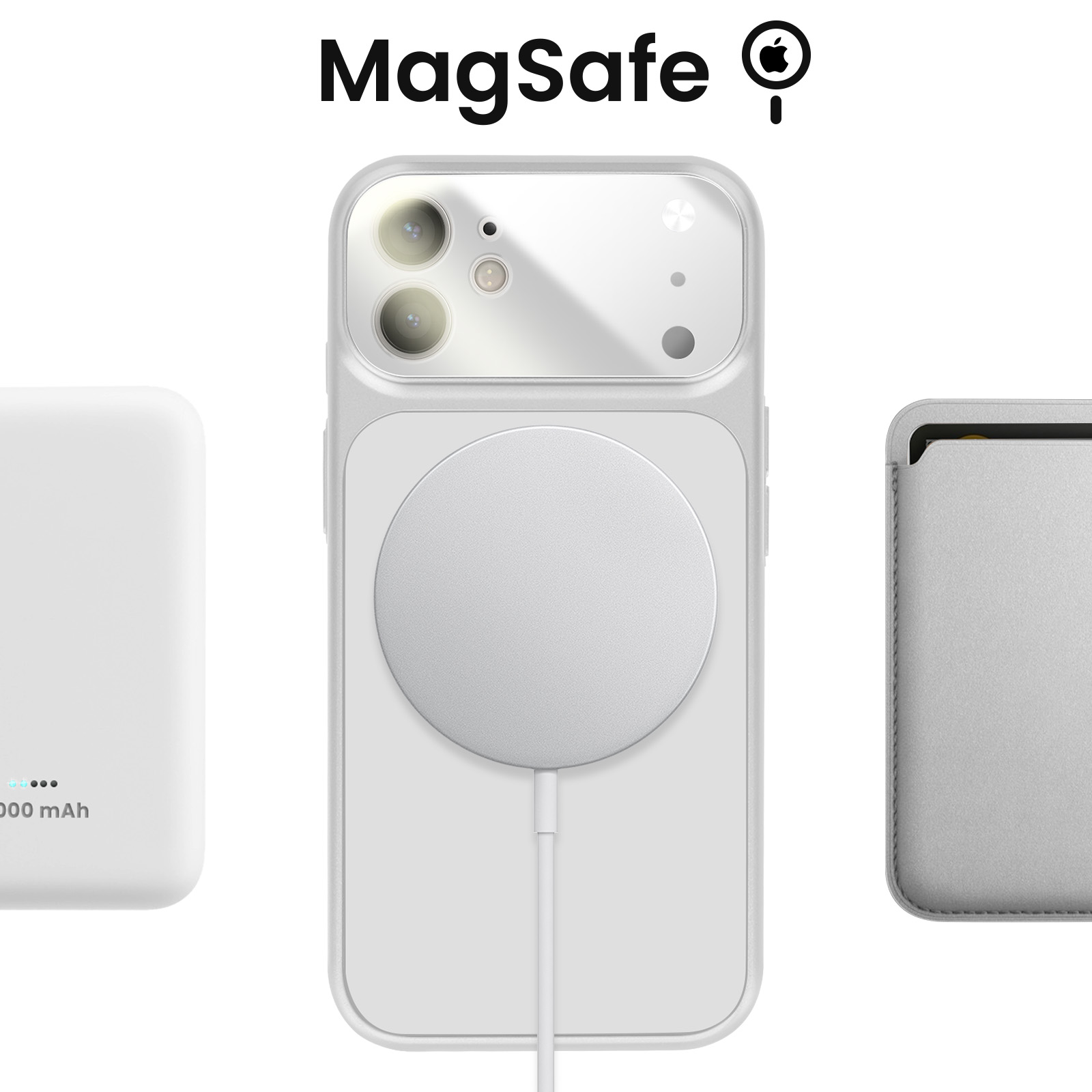 Witte MagSafe oplader, telefoonhoesje en kaarthouder op witte achtergrond.