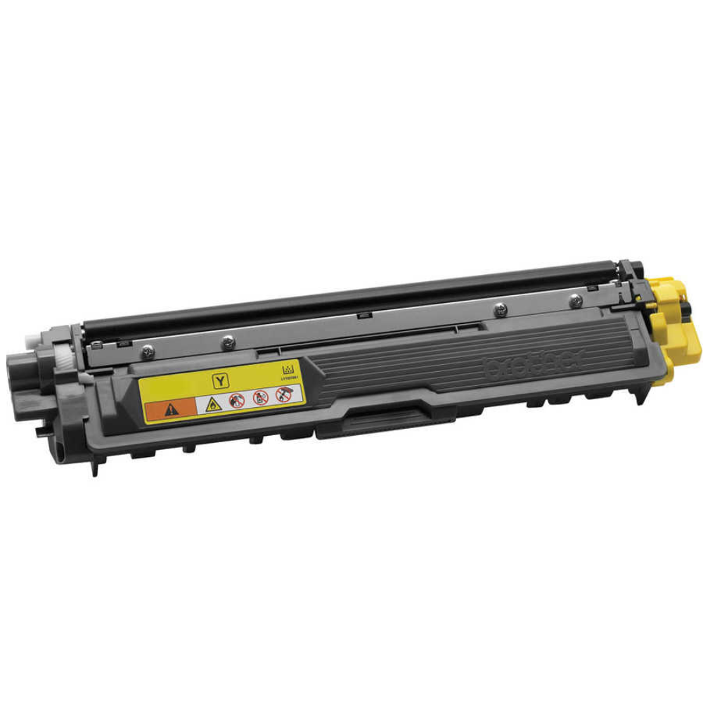 Beyaz arka plan üzerinde uyarı sembolleri olan sarı toner kartuşu.