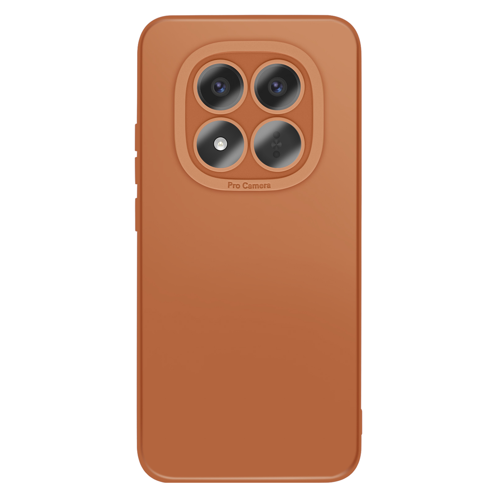 Une coque de téléphone orange avec quatre objectifs et le texte "Pro Camera".