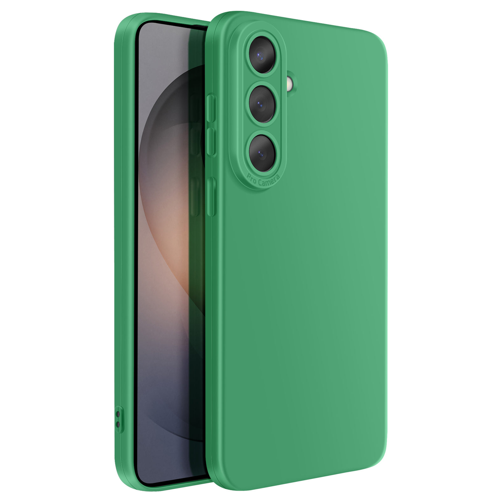 Groene telefoonhoes met drie cameralenzen en een flitser.