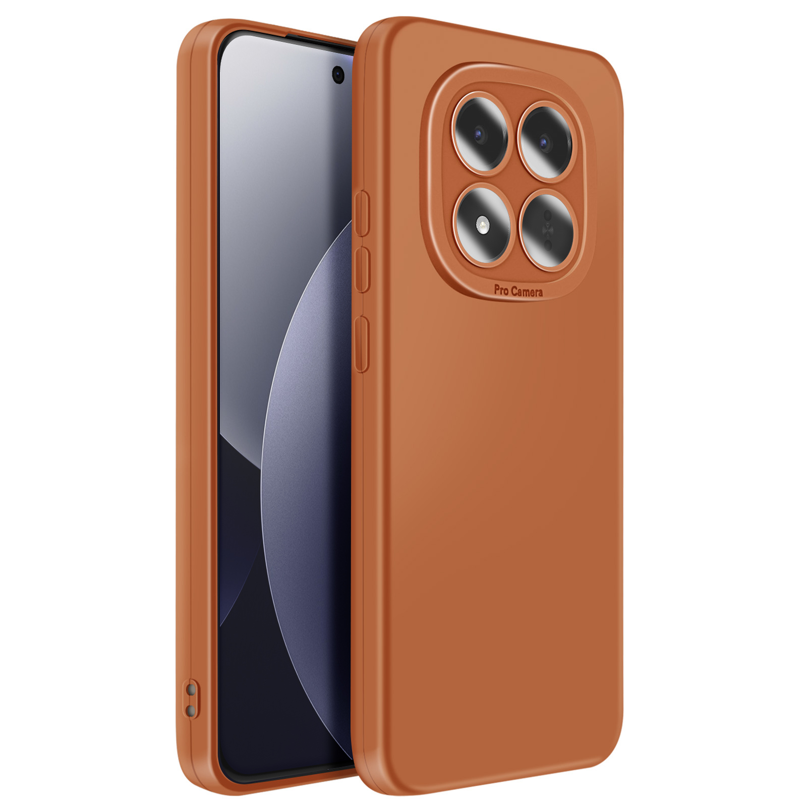Une coque de téléphone orange avec quatre caméras et le texte "Pro Camera".
