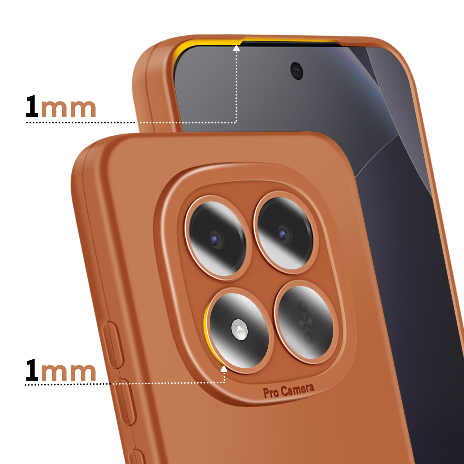 Une coque de téléphone orange avec des bords surélevés de 1mm autour de l'appareil photo et de l'écran.