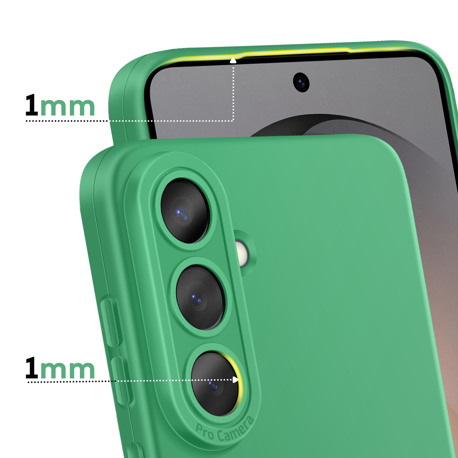 Groene telefoonhoes met 1 mm verhoogde randen rond camera en scherm.