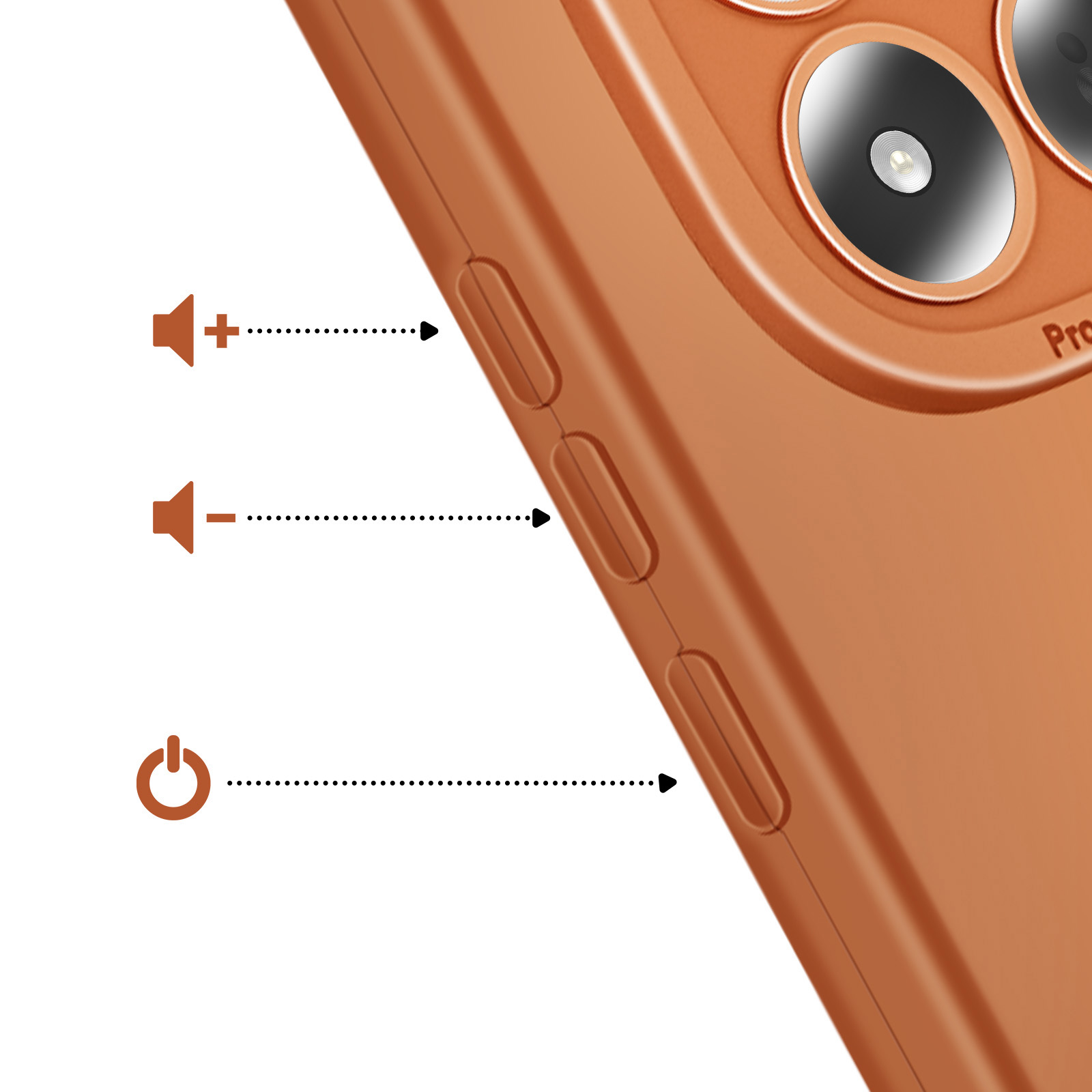 Gros plan d'un téléphone orange montrant les boutons de volume et d'alimentation.