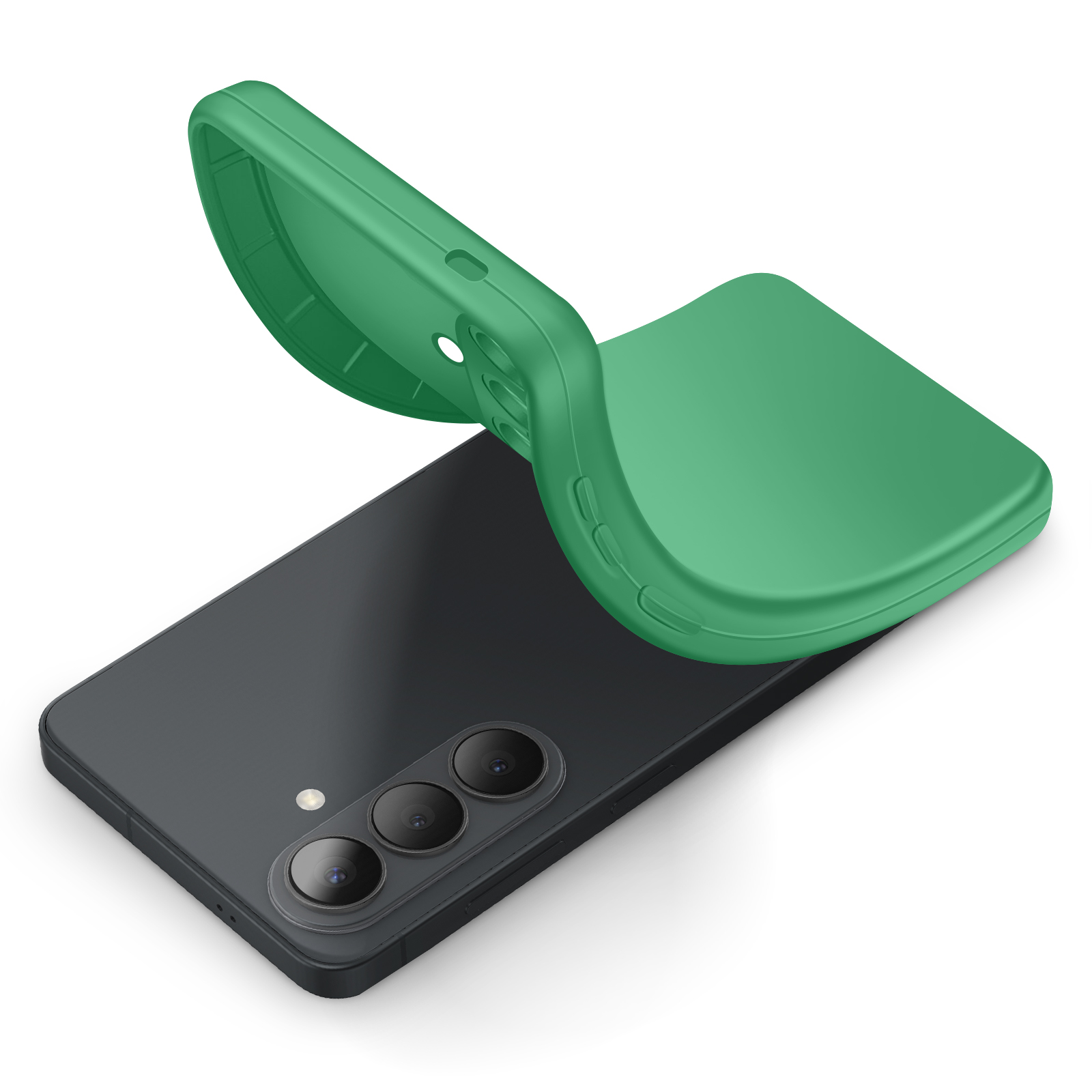 Een groene telefoonhoes wordt over een donkere smartphone gelegd.