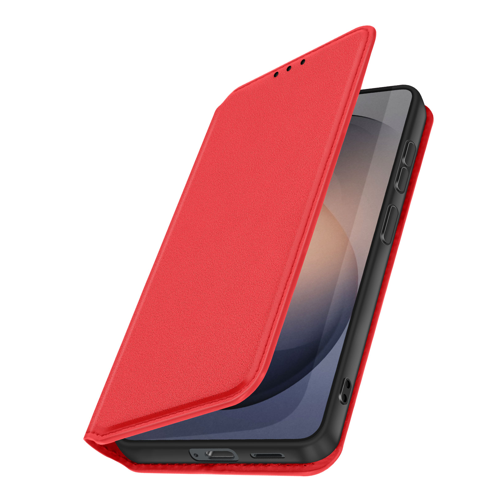 Custodia rossa a flip, parzialmente aperta, mostra il telefono.