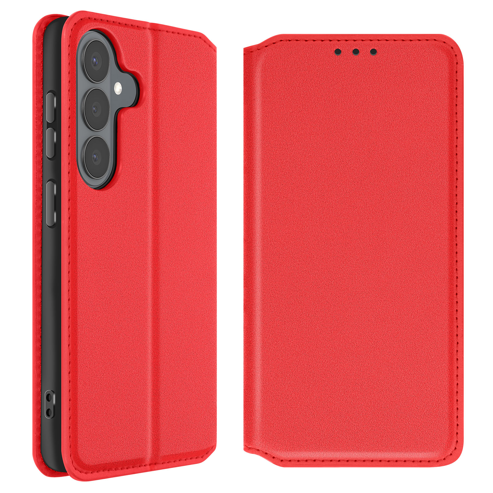 Custodia rossa per telefono con tre fotocamere sul retro.