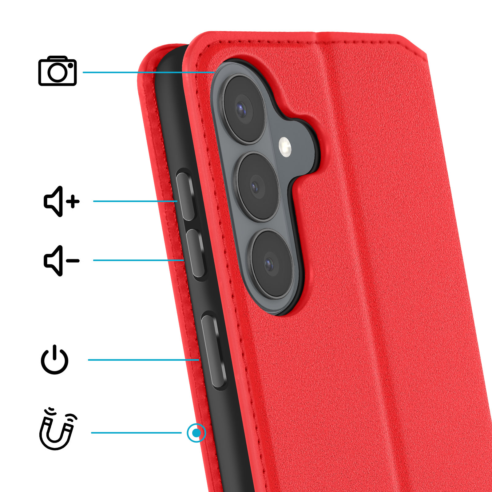 Custodia rossa per telefono con fotocamera, volume e pulsanti di accensione.