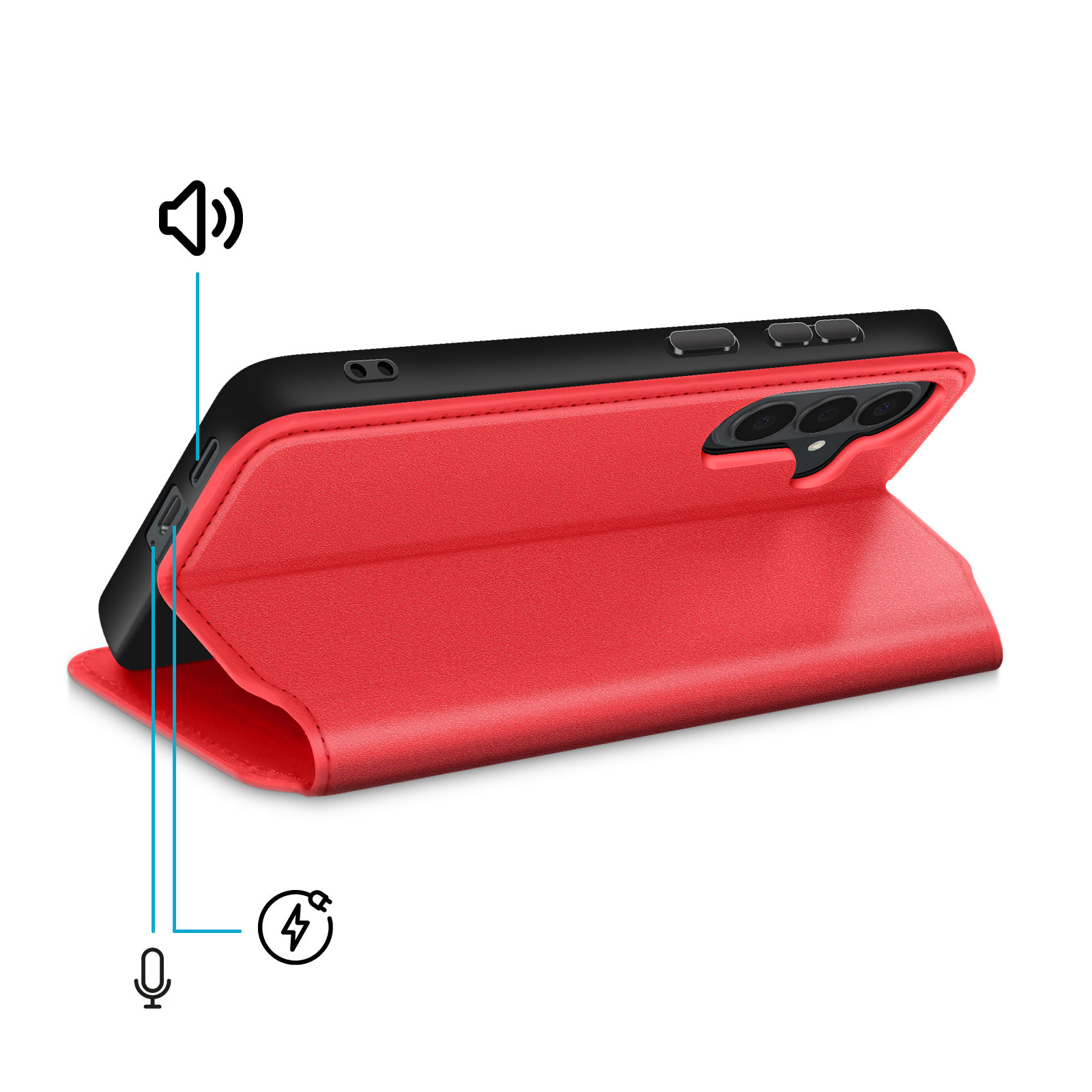 Custodia rossa per telefono con icone altoparlante, microfono e ricarica.