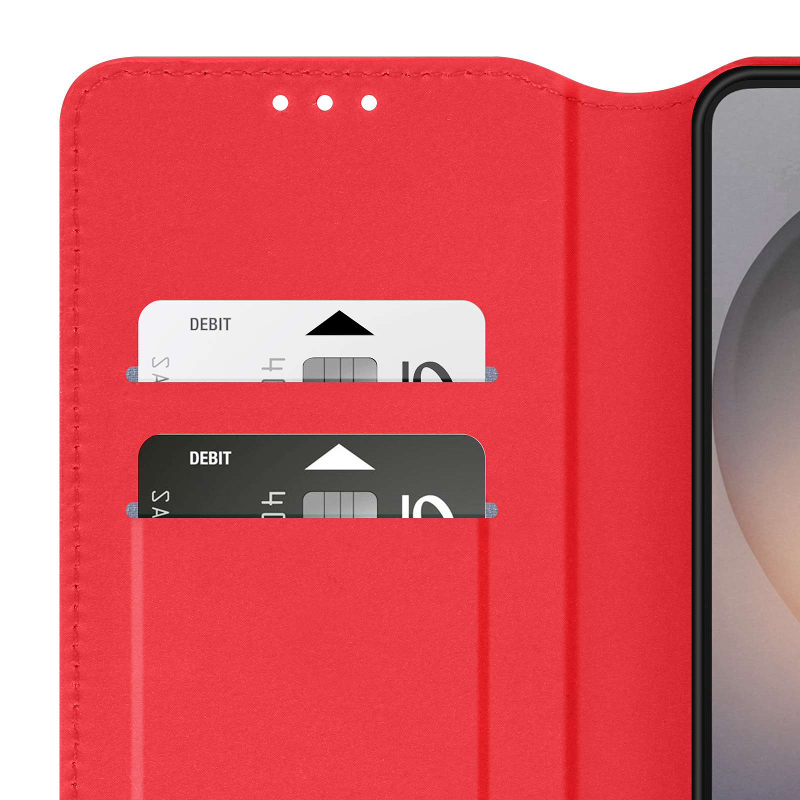 Custodia rossa per telefono con due fessure per carte visibili.