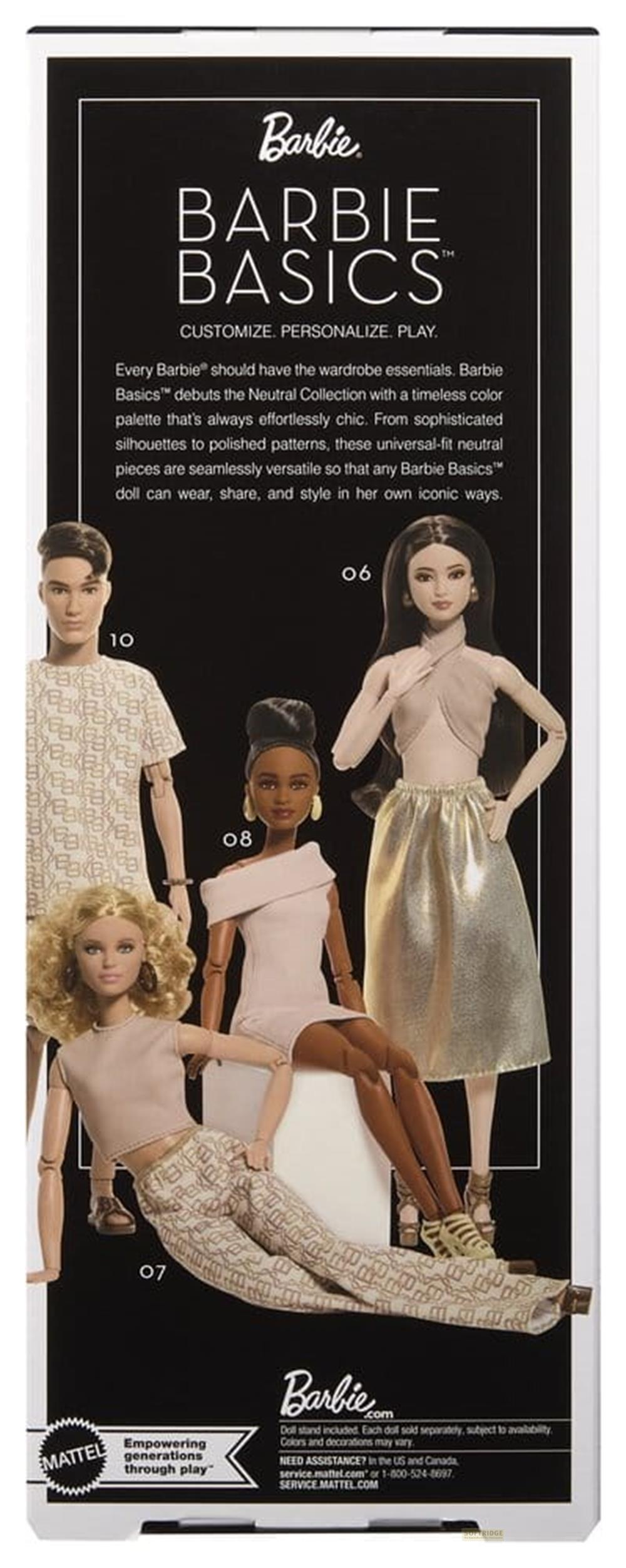 Barbie Basics Puppen: ein Mann und drei Frauen in neutralen Outfits.