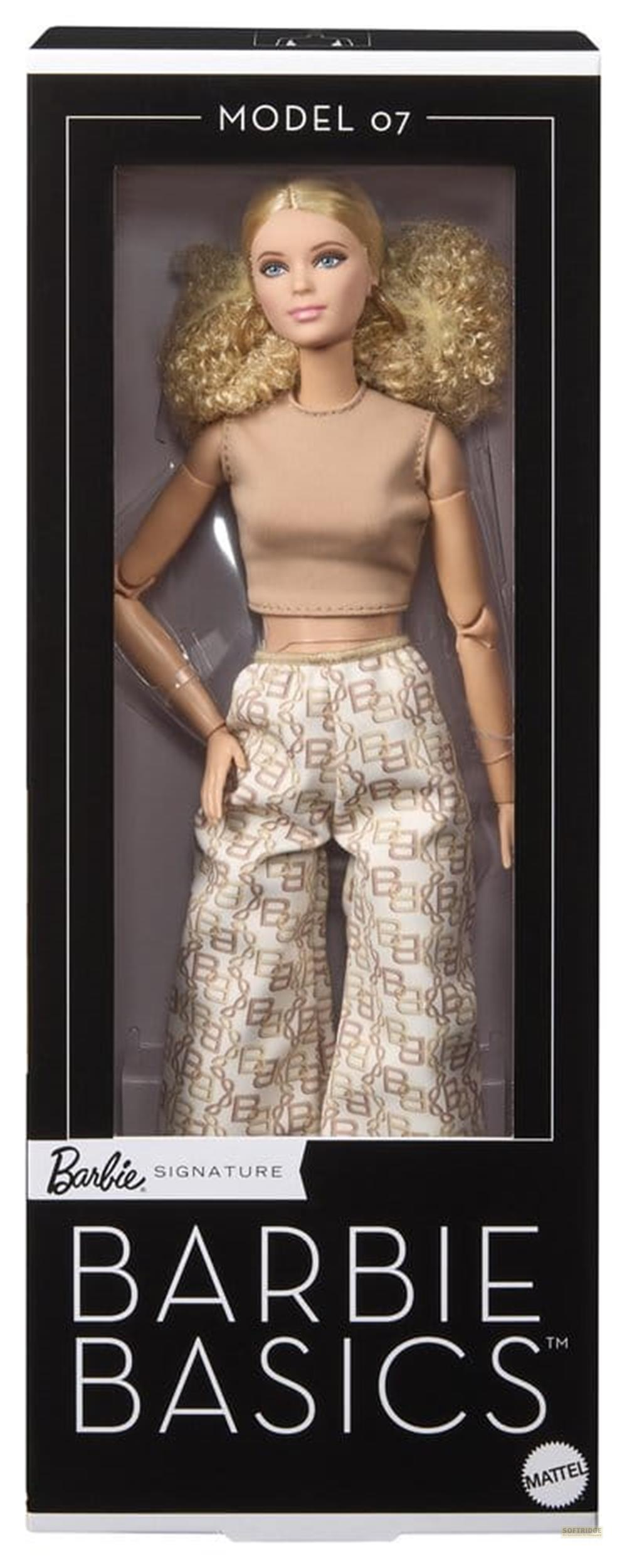 Barbie-Puppe in Box, Modell 07, mit blonden Haaren, beigem Oberteil und Hose mit Muster.
