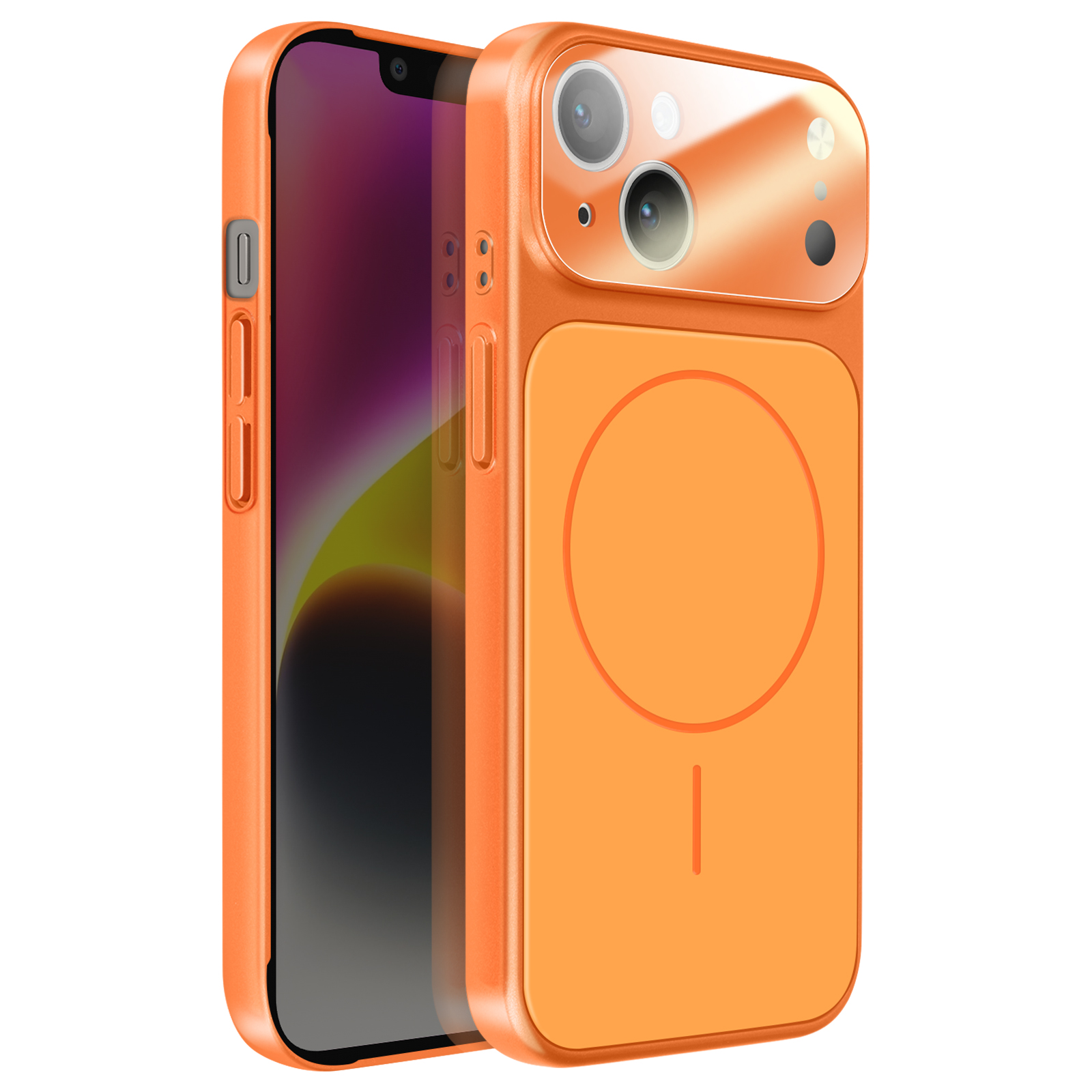 Un iPhone orange avec étui, deux caméras et design circulaire.
