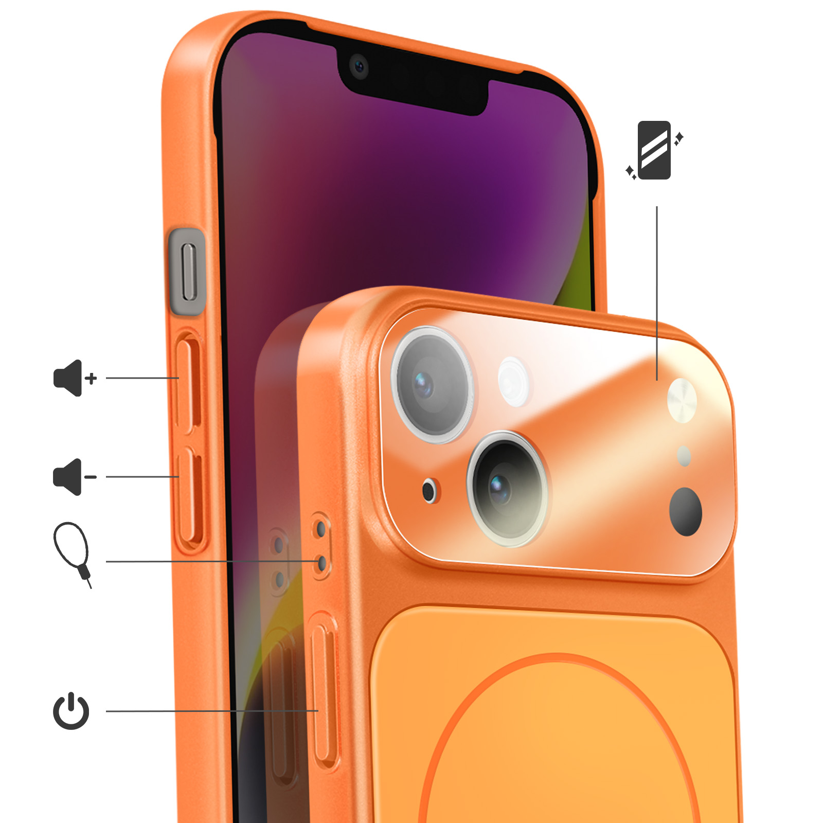 Coque de téléphone orange avec objectifs et commandes mis en évidence.