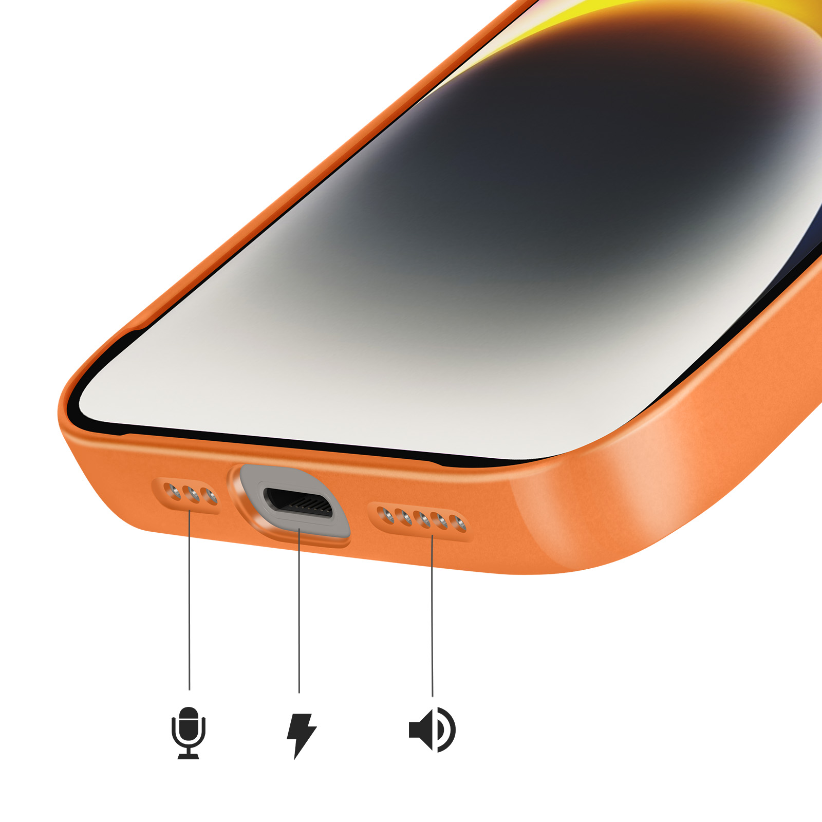Coque orange montrant port de charge, micro et trous haut-parleurs.