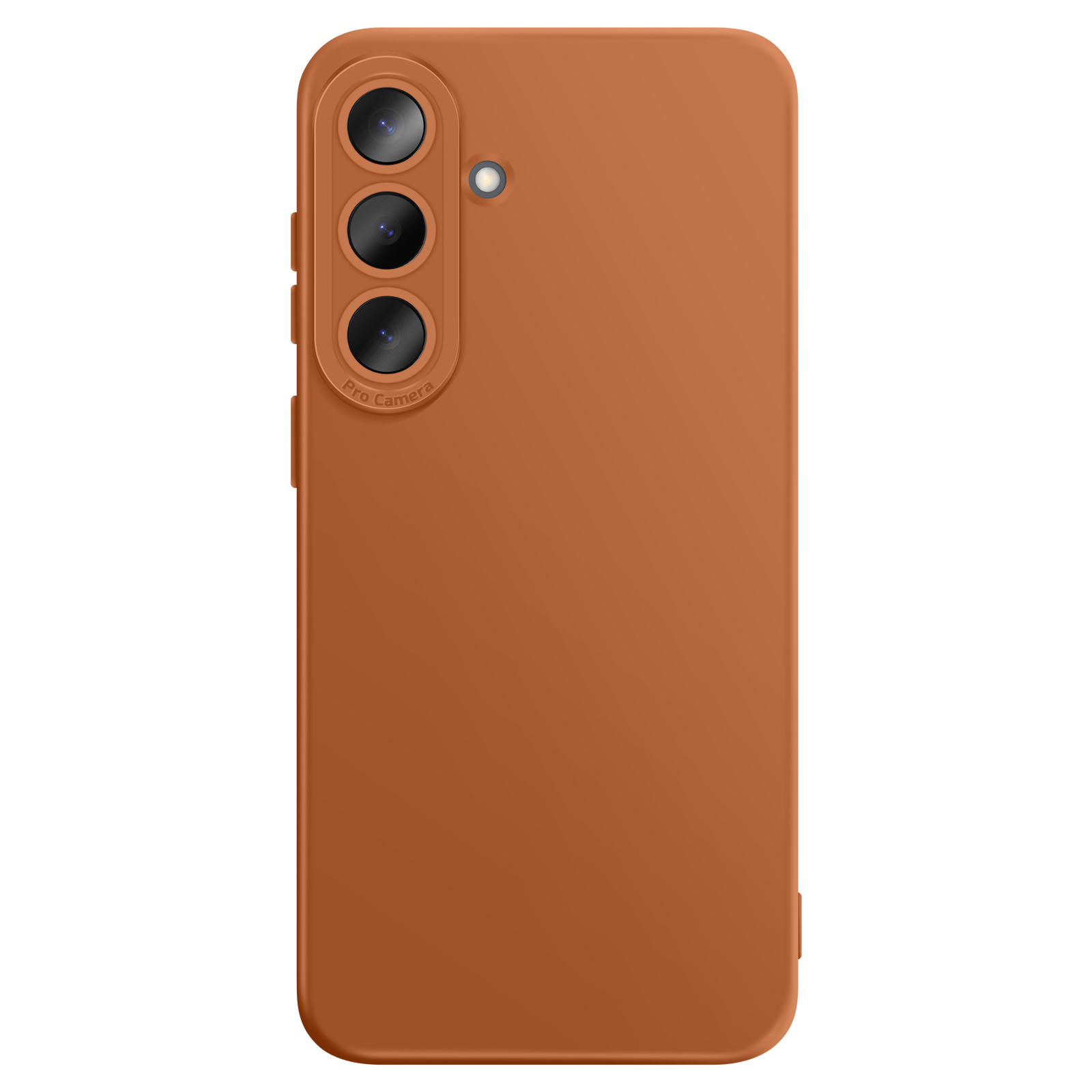 Oranje telefoonhoes met drie cameralenzen en flitser.