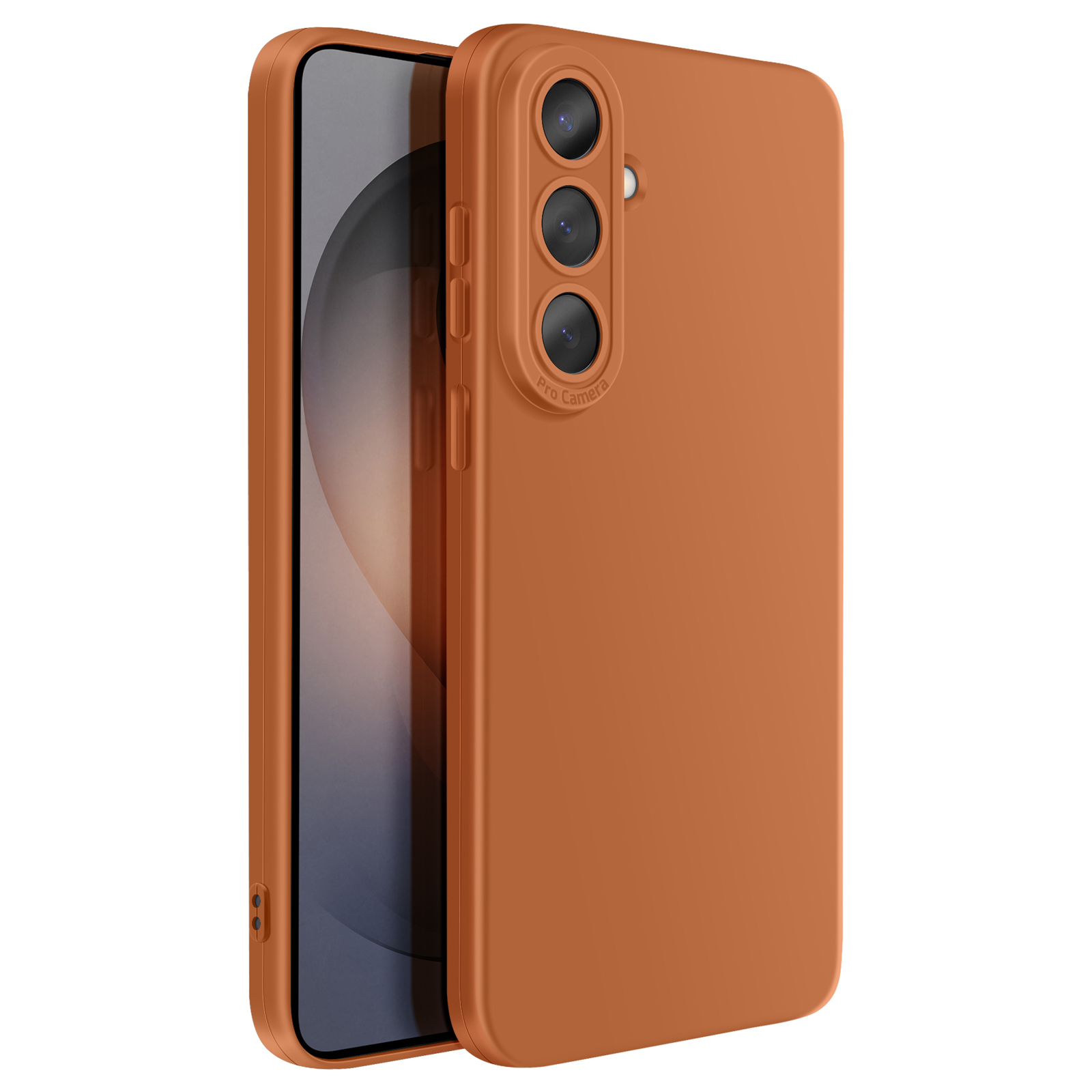 Een oranje telefoon met een camerapaneel met drie lenzen.