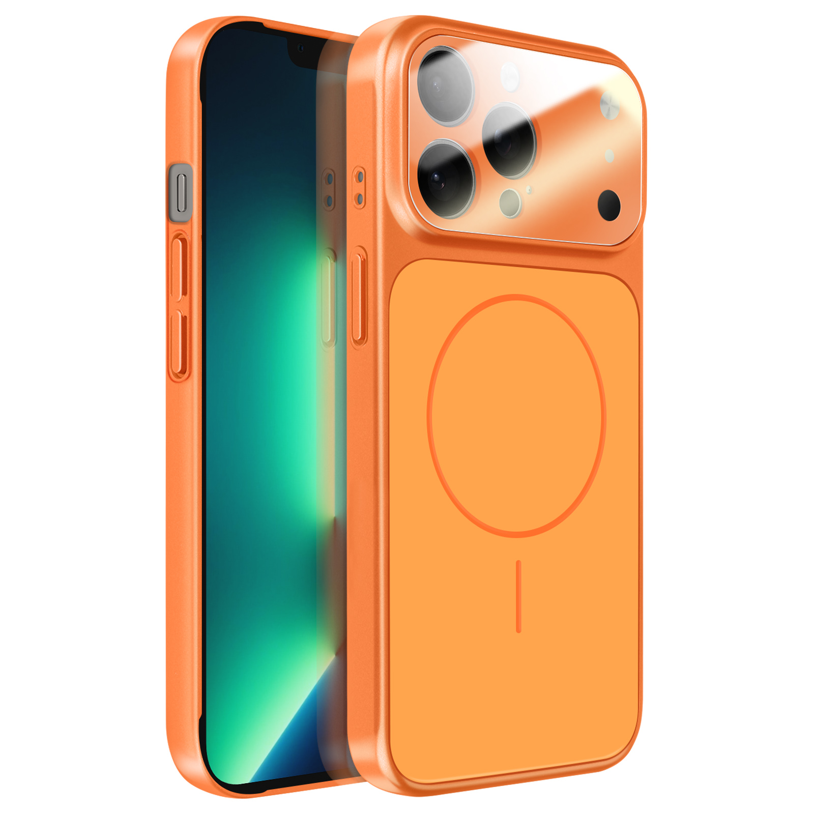 Een oranje telefoon in een hoesje, getoond op een witte ondergrond.