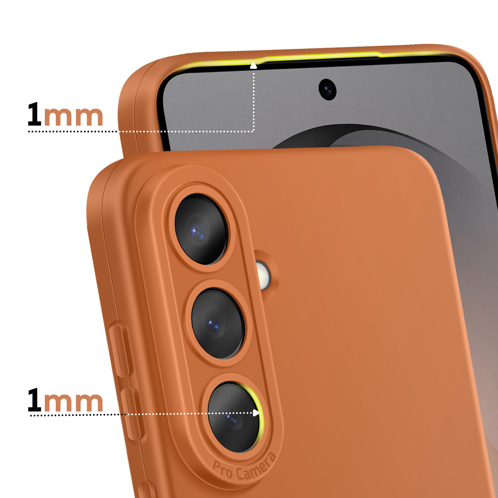 Een oranje telefoonhoes met 1 mm verhoogde randen rond de camera en het scherm.