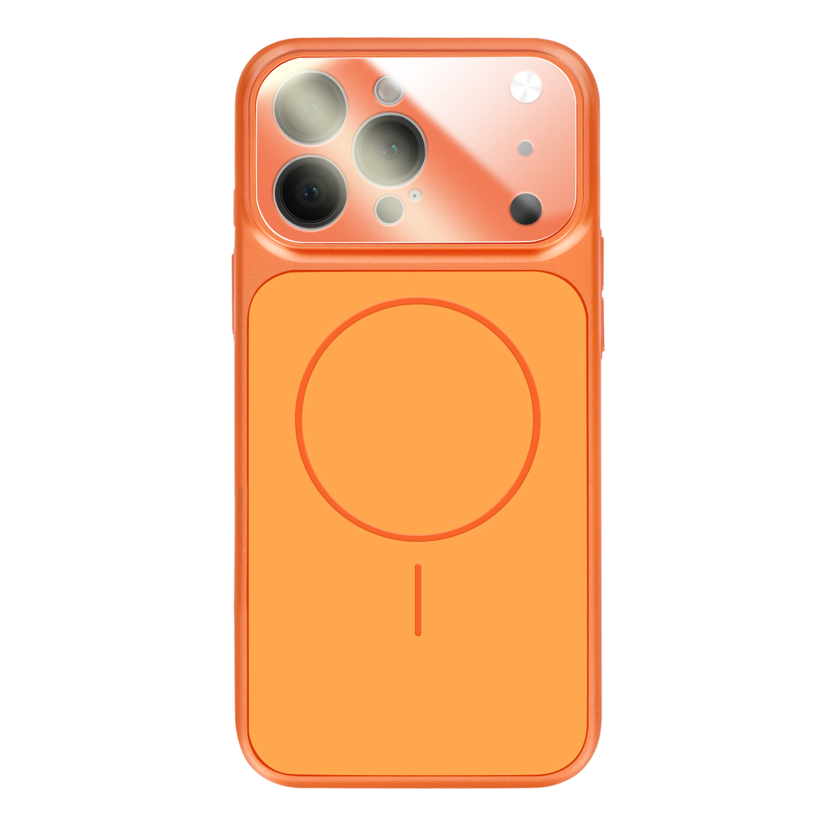Oranje telefoonhoes met cameramodule en magnetische oplaadcirkel.