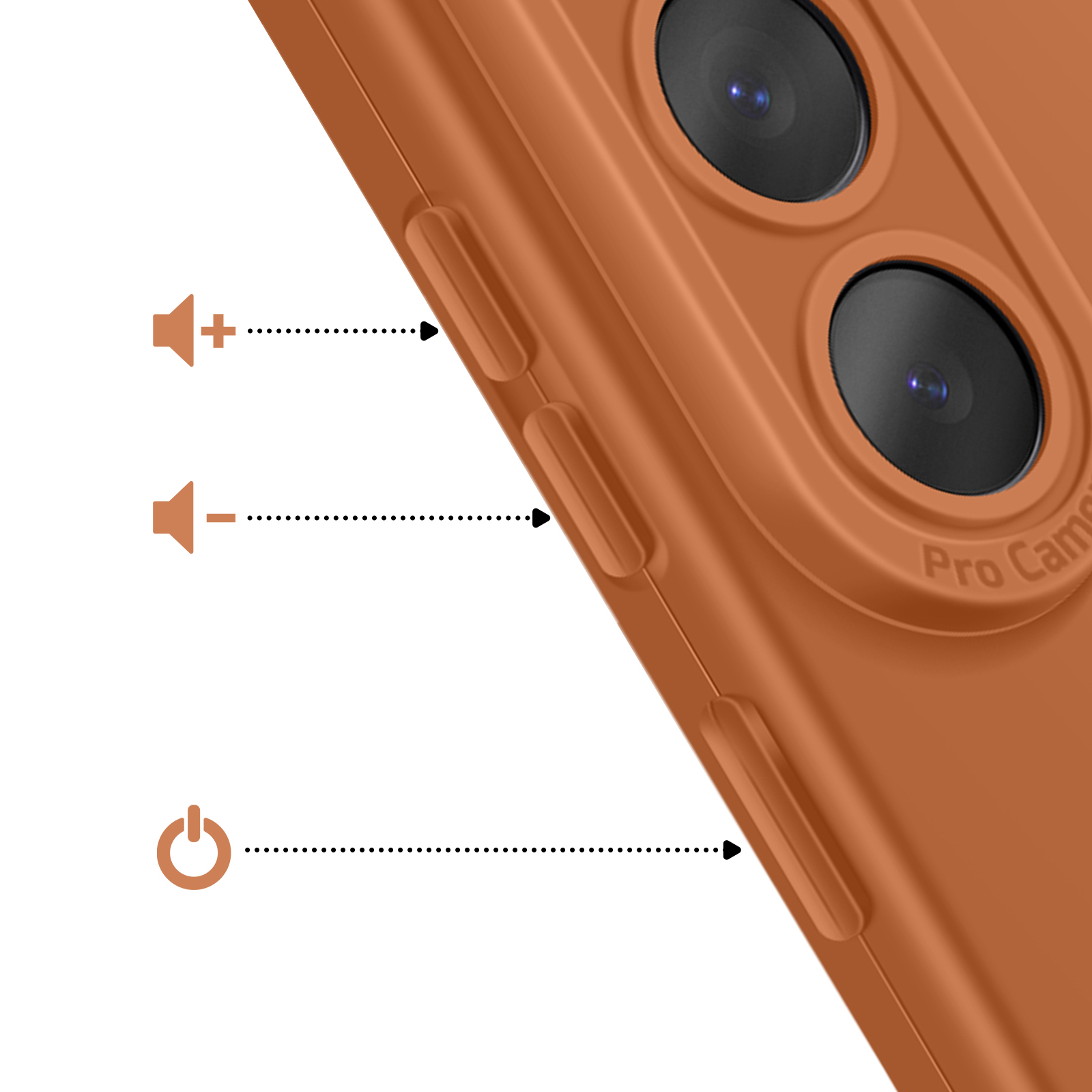 Oranje hoesje met volume- en aan/uit-knoppen. Close-up camera.