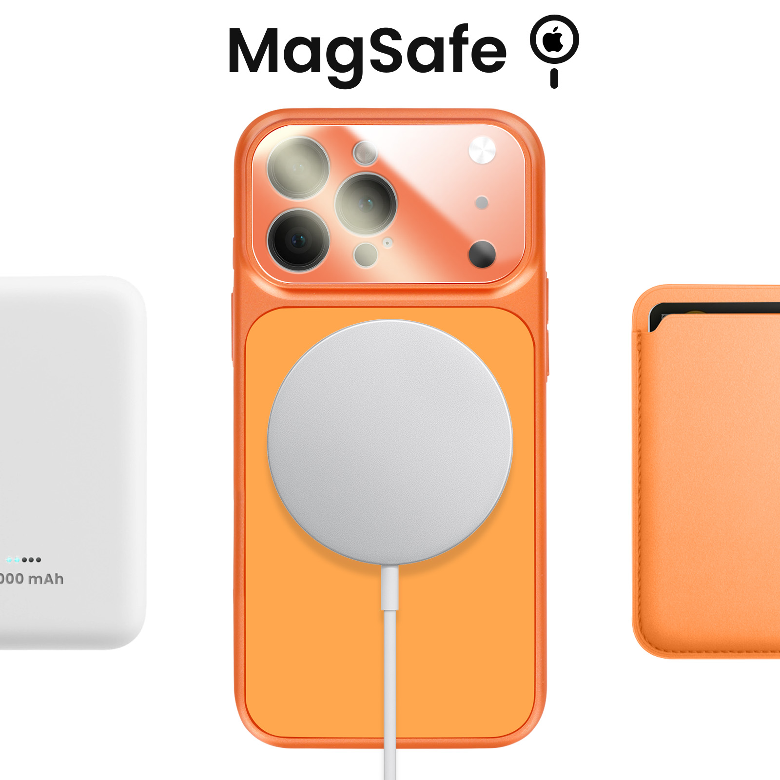 Oranje iPhone hoesje met MagSafe lader en wit batterijpakket.