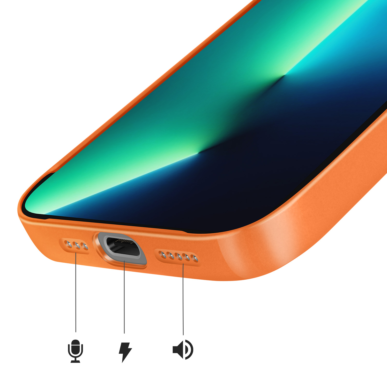 Oranje iPhone met oplaadpoort, microfoon- en luidsprekeropeningen.