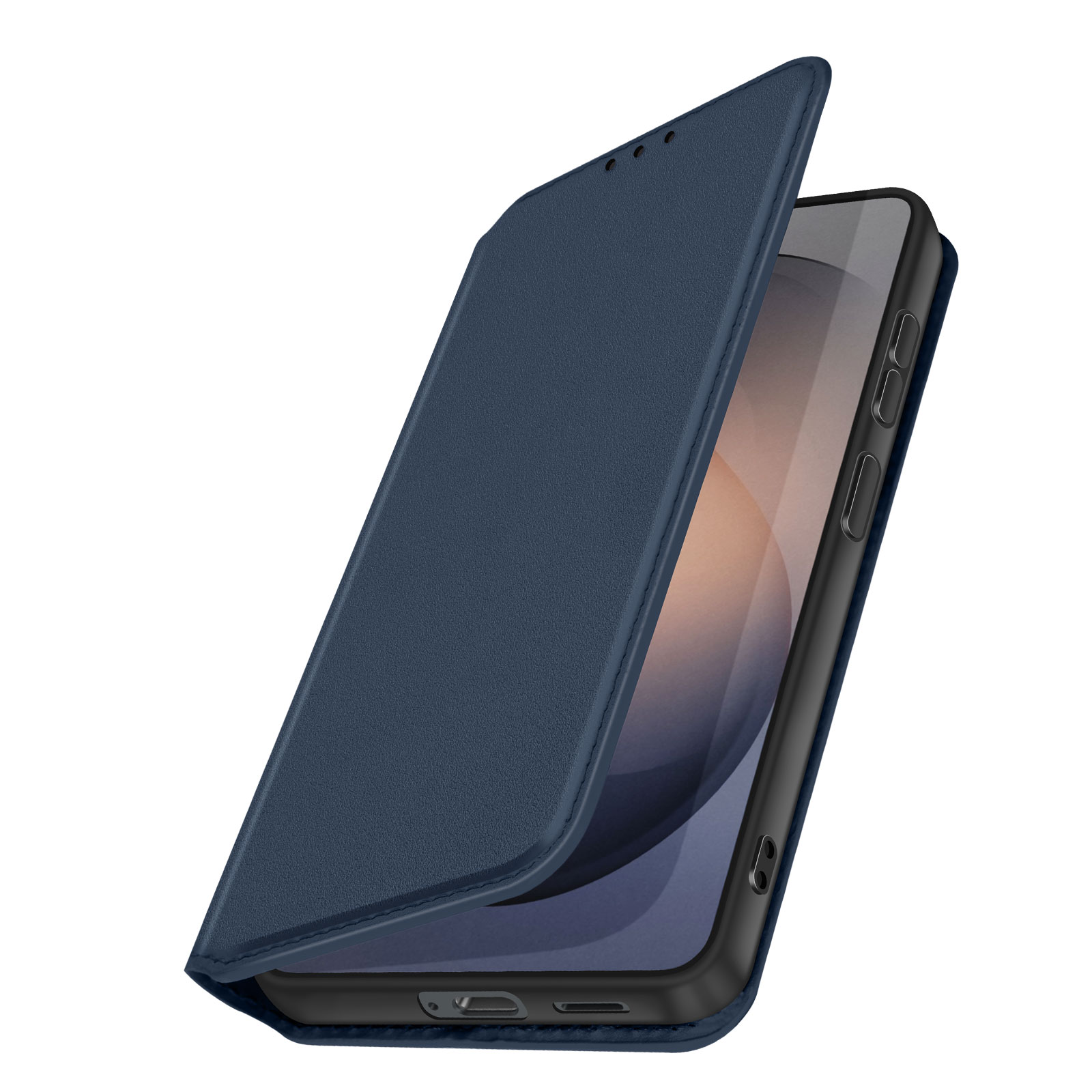Custodia a libro blu scuro aperta, che mostra uno smartphone all'interno.