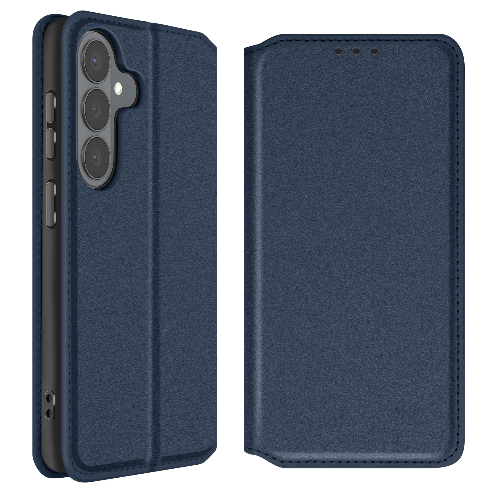 Una custodia blu scuro per telefono con tripla fotocamera.