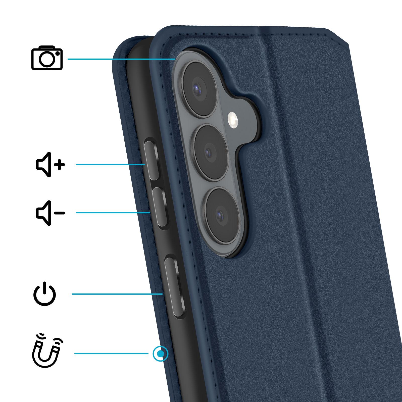 Custodia blu per telefono con fotocamera e pulsanti.
